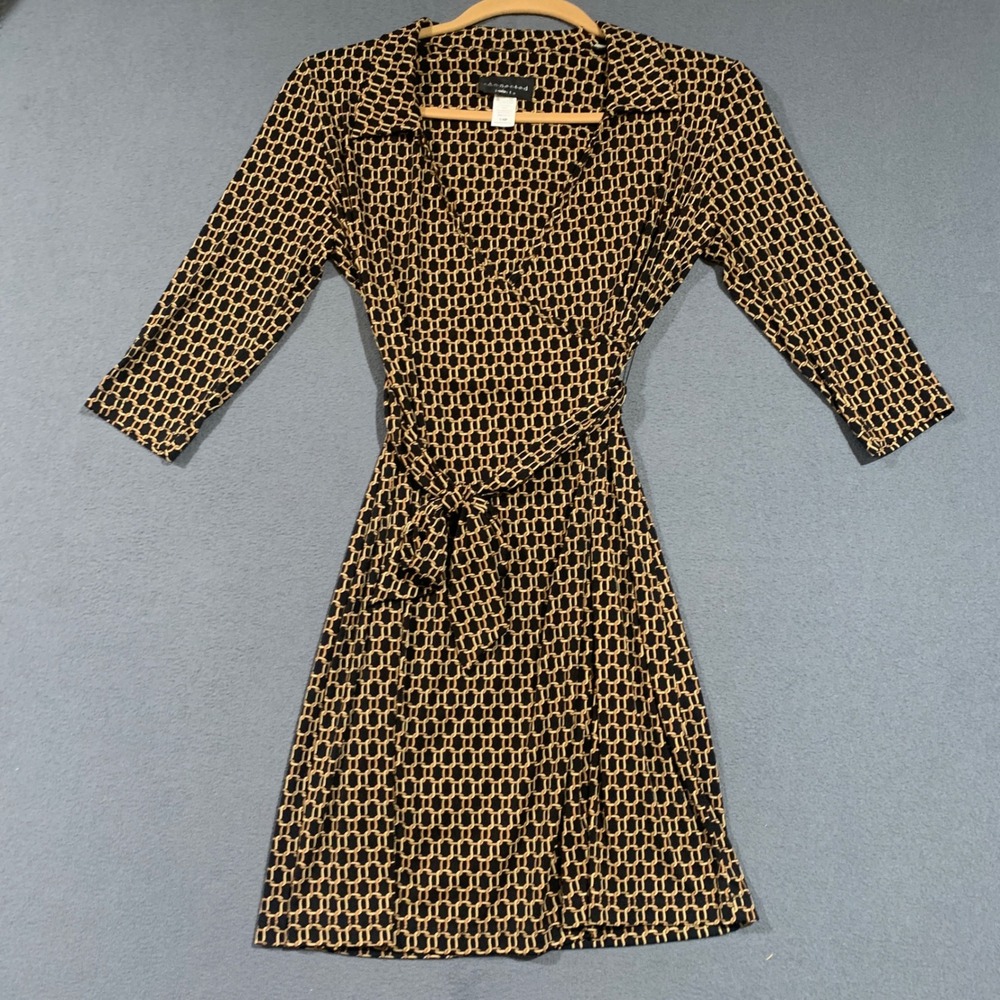 Y2K Connected Faux Wrap Dress 14P Black Tan Geometric Chain Link Belted V Neck
